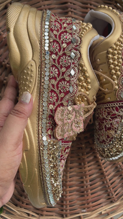 Funky N Trendy Maroon & Gold embroidery work bridal sneakers/ bridesmaid sneaker / golden sneakers/ Maroon sneakers / gold shoes
