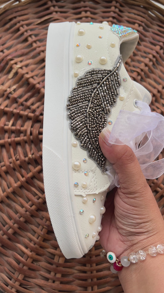Funky N Trendy silver / white embroidery work bridal sneakers/ bridesmaid sneaker / hancrafted sneakers / white sneakers / silver sneakers/ pearl shoes /pearl sneakers