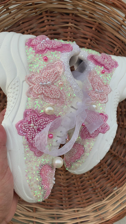 FUNKY N TRENDY pink butterfly embroidery sneakers for brides /pink embroidered sneakers/ handcrafted sneakers/ butterfly sneakers / bridal sneakers / bridesmaid sneakers/ pink and lavender hand work sneakers/lavender shoes