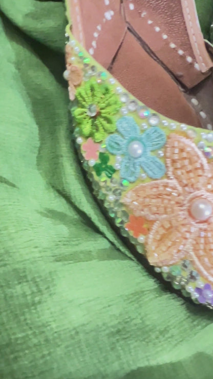 FUNKY N TRENDY “Green Pastel Garden Handcrafted Juttis – Floral Magic” - Green Carnival juttis
