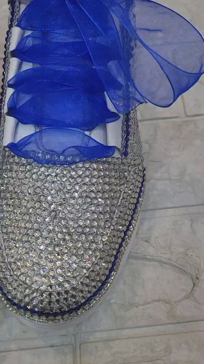 FUNKY N TRENDY rhinestone work bridal sneakers / bridesmaid sneakers/ silver sneakers / silver shoes/ rhinestone sneakers mirror shoes/ bride shoes/ embroidered shoes/ silver and blue sneakers